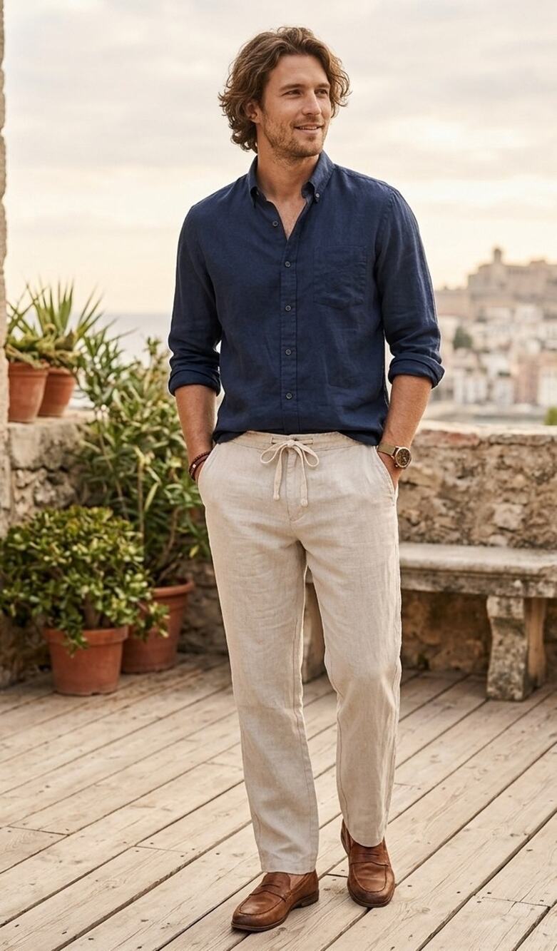 Tasso Elba 100% Linen Pants Mens 38x32 Beige Drawstring Beach Resort Trousers
